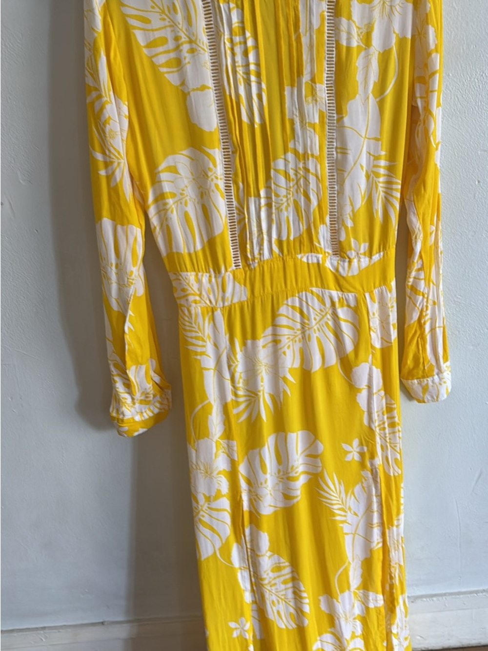Yellow Tropical Print Long Sleeve Maxi Dress